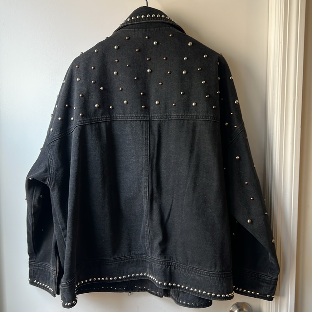 Nasty Gal Studded Black Denim oversize biker Jacket size L - Picture 6 of 9